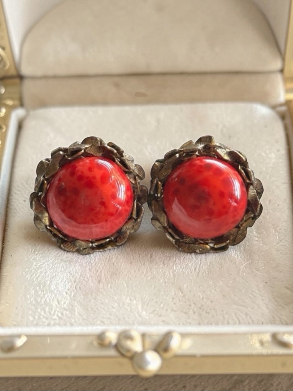 Signed Miriam Haskell Red Gold Pâte de Verre Clip On Earrings ~Vintage | Antique